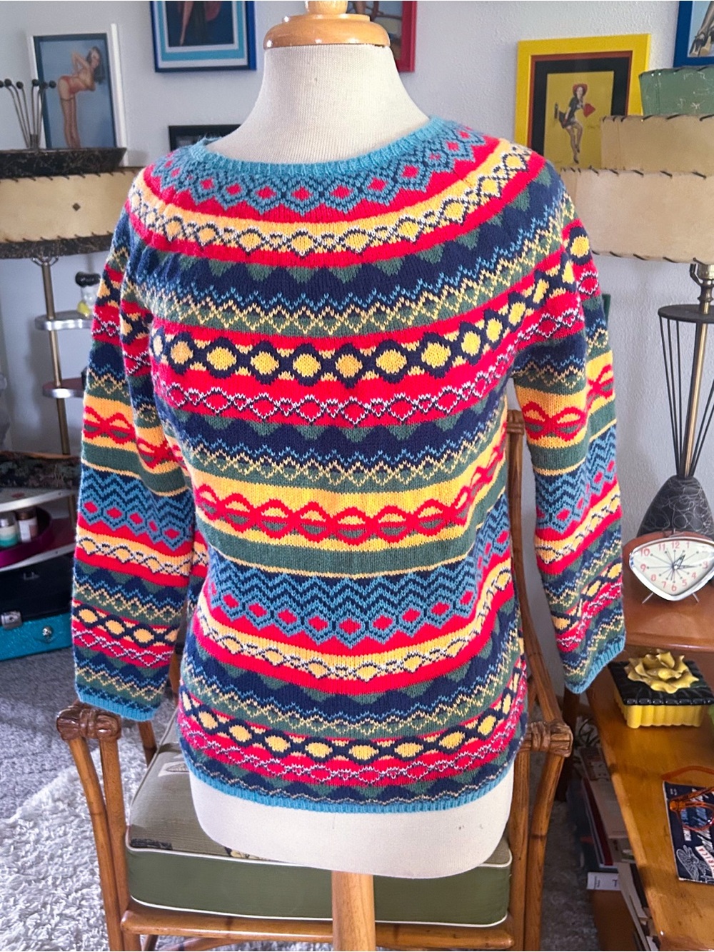 Retro Sweater | 1940s Style | Fair Isle | Multi stripe | L XL | 40s